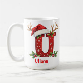 サンタの帽子のモノグラムイニシャルU メリークリスマス コーヒーマグカップ