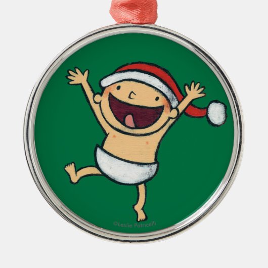 サンタの帽子のレスリーPatricelliのベビーの踊り メタルオーナメント (正面)