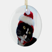 サンタの帽子の写真、BWの子猫を身に着けている猫 セラミックオーナメント (右)