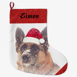 サンタの帽子の愛らしいジャーマン・シェパード ラージクリスマスストッキング