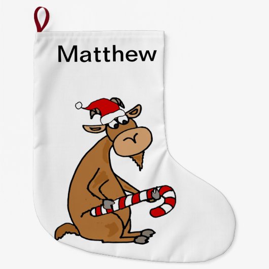 サンタの帽子の漫画のおもしろいなヤギ ラージクリスマスストッキング (正面)