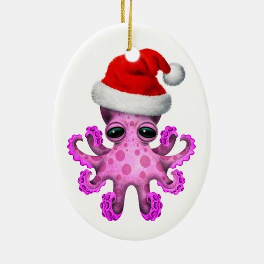 サンタの帽子の白を身に着けているかわいいピンクのベビーのタコ セラミックオーナメント (裏面)