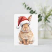 サンタの帽子をかぶったかわいいウサギの水彩クリスマス シーズンポストカード (スタンド正面)