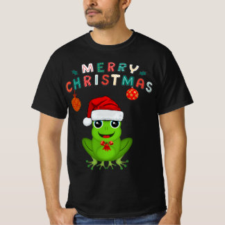 サンタの帽子をかぶったかわいいカエル メリークリスマス Tシャツ