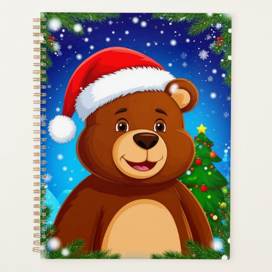 サンタの帽子をかぶったかわいいキャラクターのクマとクリスマスツリー プランナー手帳 (正面)