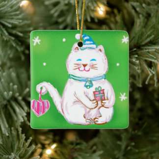サンタの帽子をかぶったかわいいキャラクターのクリスマス猫 セラミックオーナメント