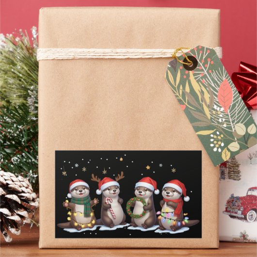 サンタの帽子をかぶったかわいいクリスマスのカワウソ 面白い動物 長方形シール (クリスマス)