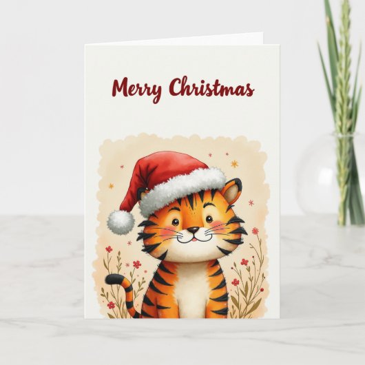 サンタの帽子をかぶったかわいいクリスマスのトラのホリデーカード カード (正面)