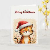 サンタの帽子をかぶったかわいいクリスマスのトラのホリデーカード カード (黄色い花)