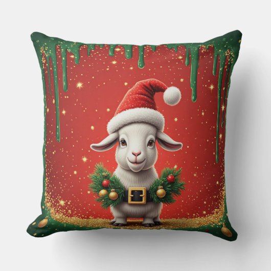 サンタの帽子をかぶったかわいいクリスマスのヤギのデザイン クッション (正面)