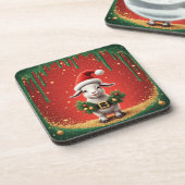 サンタの帽子をかぶったかわいいクリスマスのヤギのフェスティブデザイン コースター (左側)