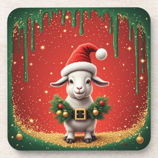 サンタの帽子をかぶったかわいいクリスマスのヤギのフェスティブデザイン コースター (正面)