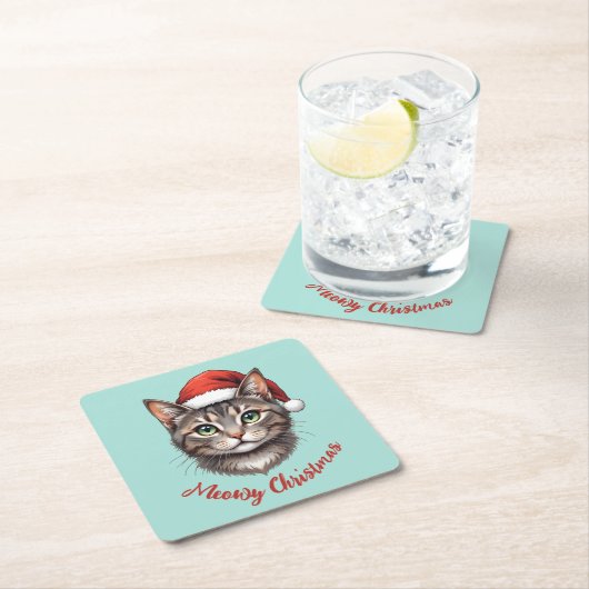 サンタの帽子をかぶったかわいいクリスマスの猫のカスタムグッズ スクエアペーパーコースター (インサイチュ)