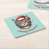 サンタの帽子をかぶったかわいいクリスマスの猫のカスタムグッズ スクエアペーパーコースター (アングル)