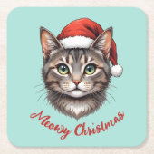 サンタの帽子をかぶったかわいいクリスマスの猫のカスタムグッズ スクエアペーパーコースター (正面)