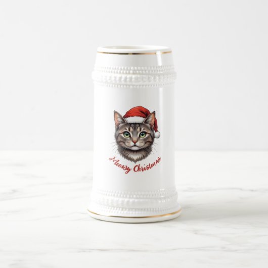 サンタの帽子をかぶったかわいいクリスマスの猫 ビールジョッキ (中央)
