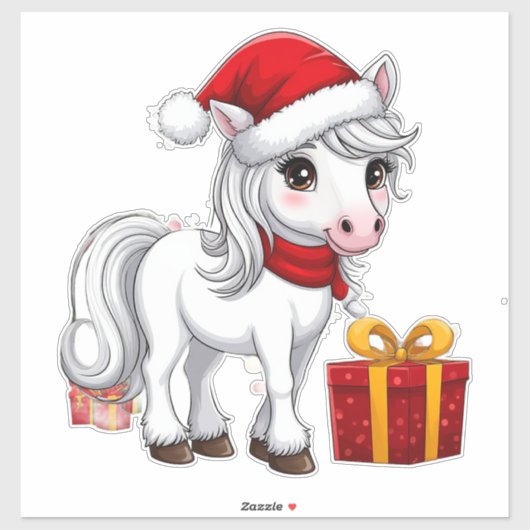 サンタの帽子をかぶったかわいいクリスマスの馬 シール (シート)