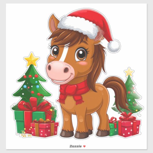 サンタの帽子をかぶったかわいいクリスマスの馬 シール (シート)