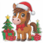 サンタの帽子をかぶったかわいいクリスマスの馬 シール (正面)