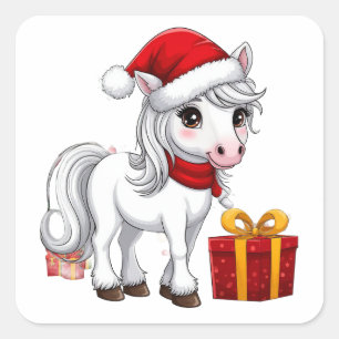 サンタの帽子をかぶったかわいいクリスマスの馬 スクエアシール