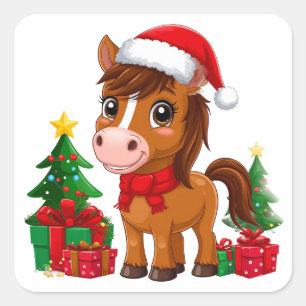 サンタの帽子をかぶったかわいいクリスマスの馬 スクエアシール