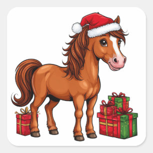 サンタの帽子をかぶったかわいいクリスマスの馬 スクエアシール