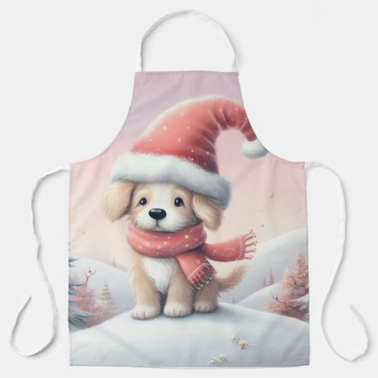 サンタの帽子をかぶったかわいいクリスマスパピー エプロン (正面)