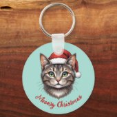 サンタの帽子をかぶったかわいいクリスマス猫のカスタムグッズ キーホルダー (正面)