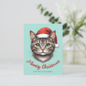 サンタの帽子をかぶったかわいいクリスマス猫のカスタムグッズ ポストカード (スタンド正面)