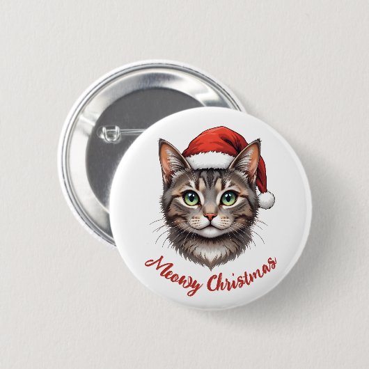 サンタの帽子をかぶったかわいいクリスマス猫のカスタムグッズ 缶バッジ (正面&裏面)