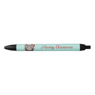サンタの帽子をかぶったかわいいクリスマス猫のカスタムグッズ 黒ボールペン