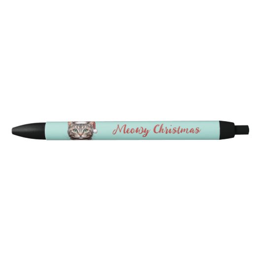 サンタの帽子をかぶったかわいいクリスマス猫のカスタムグッズ 黒ボールペン (正面)