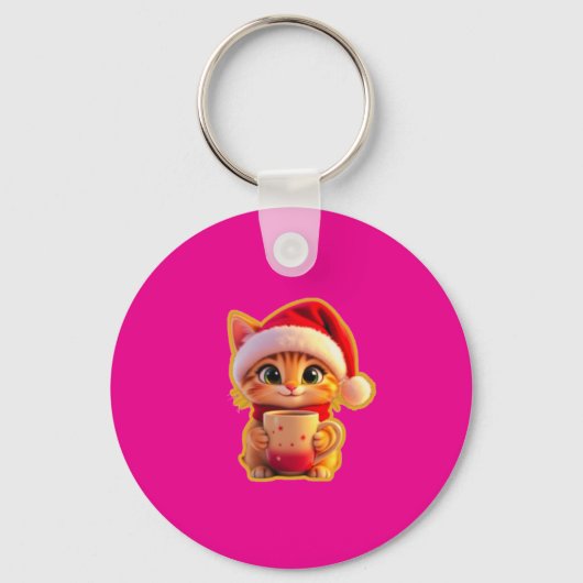 **サンタの帽子をかぶったかわいいクリスマス猫 – 面白いホリデー キーホルダー (正面)