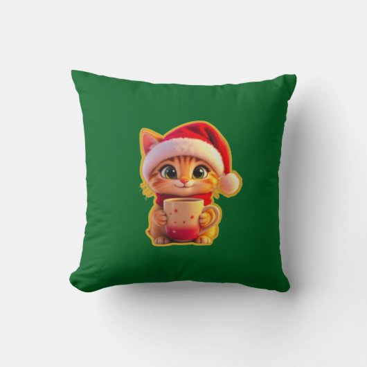 **サンタの帽子をかぶったかわいいクリスマス猫 – 面白いホリデー クッション (正面)