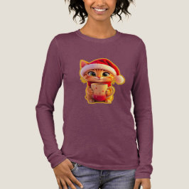 **サンタの帽子をかぶったかわいいクリスマス猫 – 面白いホリデー トライブレンドTシャツ