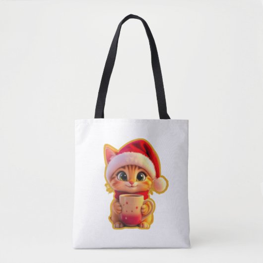 **サンタの帽子をかぶったかわいいクリスマス猫 – 面白いホリデー トートバッグ (正面)