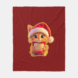 **サンタの帽子をかぶったかわいいクリスマス猫 – 面白いホリデー フリースブランケット