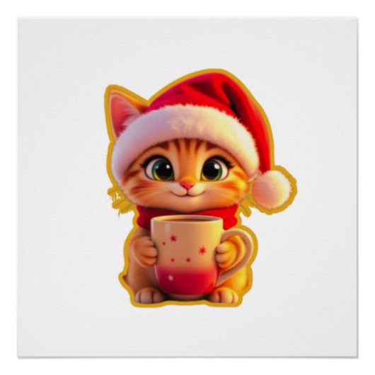 **サンタの帽子をかぶったかわいいクリスマス猫 – 面白いホリデー ポスター (正面)