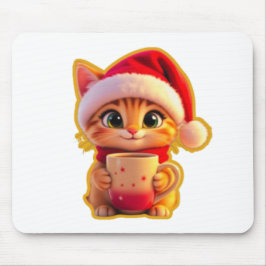 **サンタの帽子をかぶったかわいいクリスマス猫 – 面白いホリデー マウスパッド