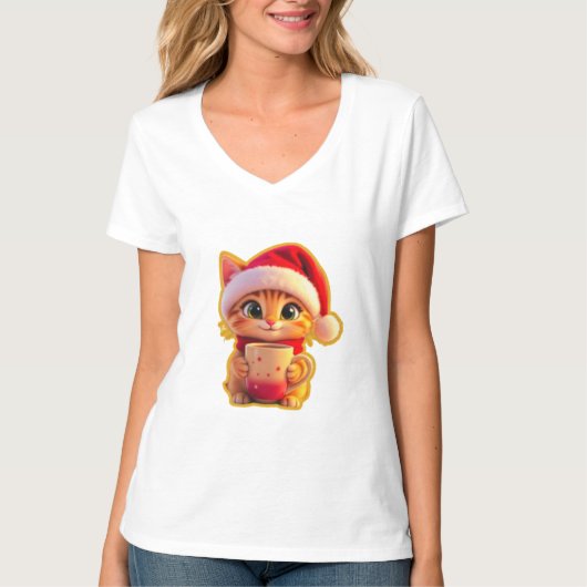 **サンタの帽子をかぶったかわいいクリスマス猫 – 面白いホリデー Tシャツ (正面)