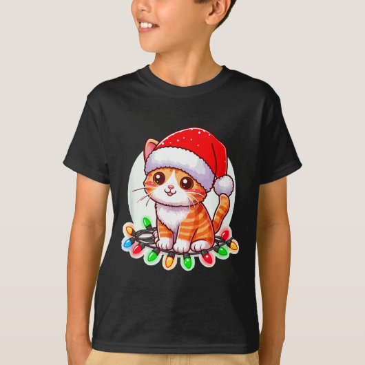サンタの帽子をかぶったかわいいクリスマス猫 Tシャツ (正面)