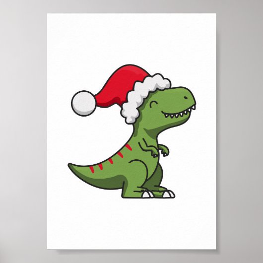 サンタの帽子をかぶったかわいいティラノサウルス - クリスマスの恐竜 ポスター (正面)