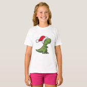 サンタの帽子をかぶったかわいいティラノサウルス – クリスマスの恐竜 Tシャツ (正面フル)
