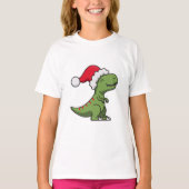 サンタの帽子をかぶったかわいいティラノサウルス – クリスマスの恐竜 Tシャツ (正面)