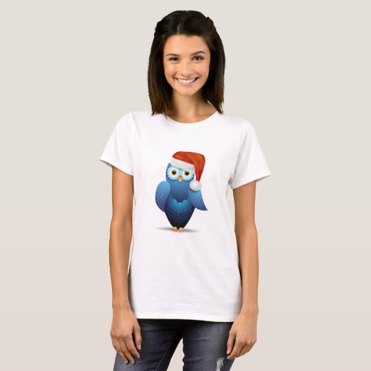 サンタの帽子をかぶったかわいいフクロウ Tシャツ (正面フル)