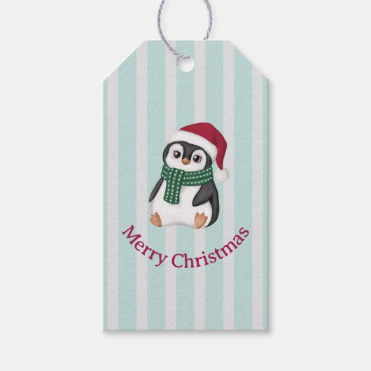 サンタの帽子をかぶったかわいいベビーペンギンのクリスマス ギフトタグ (正面)