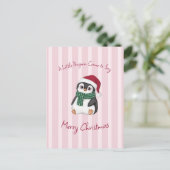 サンタの帽子をかぶったかわいいベビーペンギンのクリスマス ポストカード (スタンド正面)