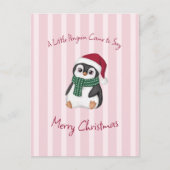 サンタの帽子をかぶったかわいいベビーペンギンのクリスマス ポストカード (正面)