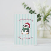 サンタの帽子をかぶったかわいいベビーペンギンのクリスマス ポストカード (スタンド正面)