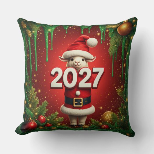 サンタの帽子をかぶったかわいいヤギのクリスマスデザイン クッション (正面)